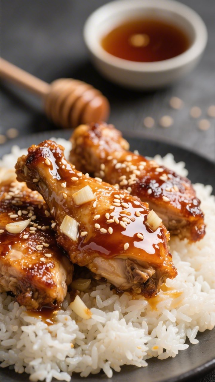 Tight close-up of sticky honey-garlic chicken thighs lacquered with a thick, glossy honey-garlic glaze, sesame seeds sprinkled on top, served over fluffy sesame rice; show crackly skin texture on bone-in thighs, minced garlic bits glistening in the sauce, a honey dipper and small bowl of soy-hued glaze in the background; shallow depth of field, warm tones highlighting caramelization and sheen.