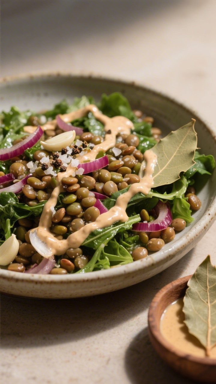 Warm plated lentil and greens salad with garlicky tahini drizzle: a shallow ceramic bowl filled with tender French green/brown lentils simmered in vegetable broth with a bay leaf, tossed with sautéed red onion and minced garlic, layered over wilted mixed greens; generous zigzag of creamy garlic-tahini sauce on top, a sprinkle of cracked pepper and flaky salt; a small dish holding the bay leaf and extra tahini on the side; cozy, earthy tones and soft afternoon light to emphasize warmth and comfort.