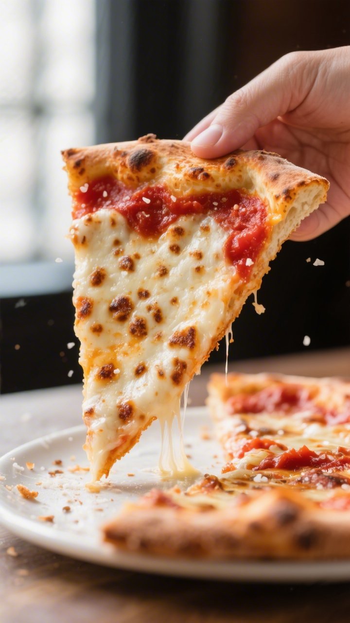 Close-up detail: A baked New York-style pizza slice being lifted from the pie, showing a chewy, airy