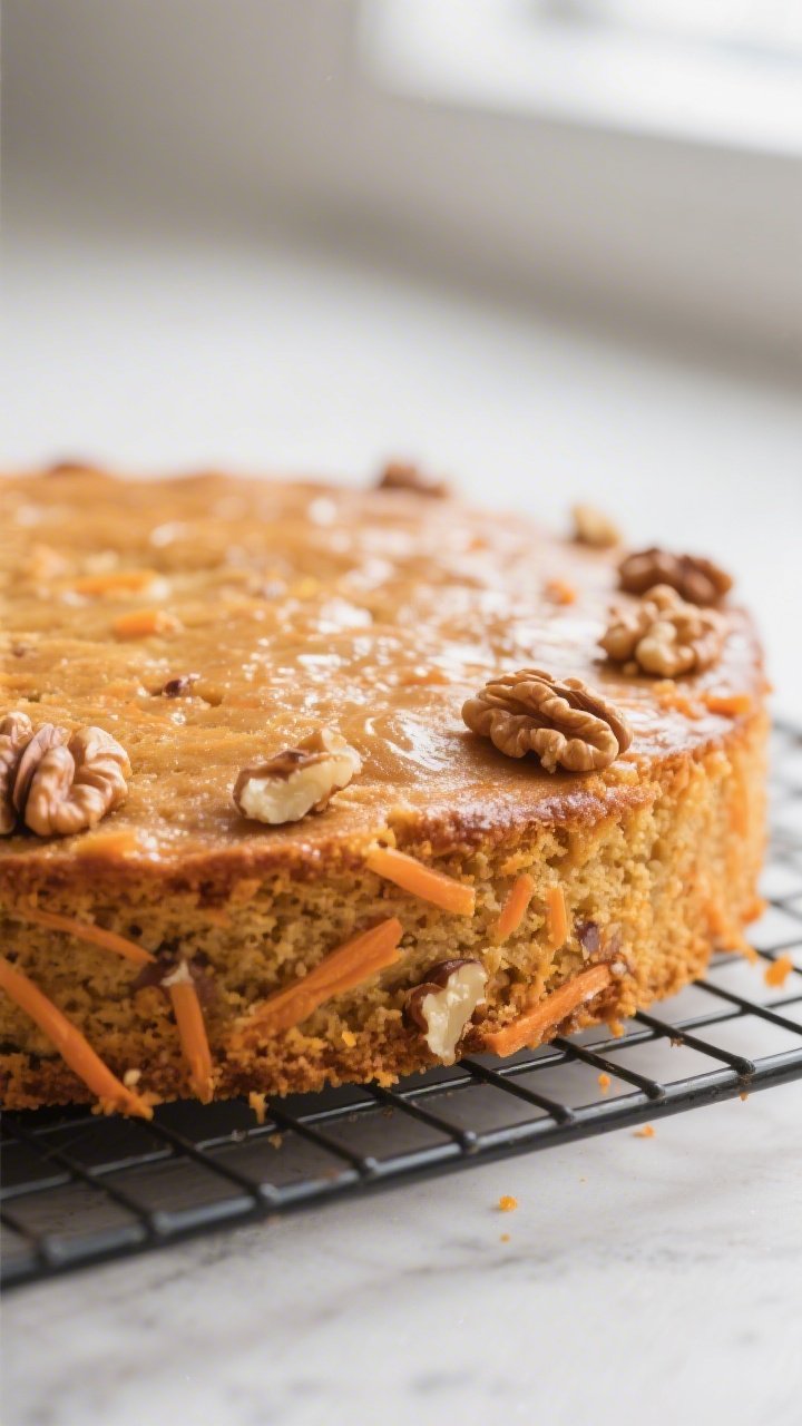 Close-up detail: A freshly baked carrot cake layer cooling on a wire rack, surface showing a moist, 