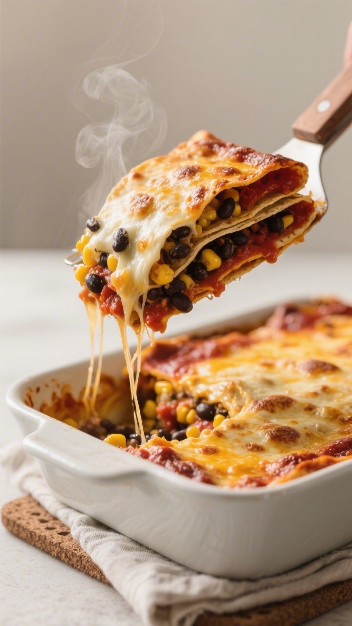Close-up detail: A just-baked cheesy enchilada casserole corner being lifted with a spatula from a 9