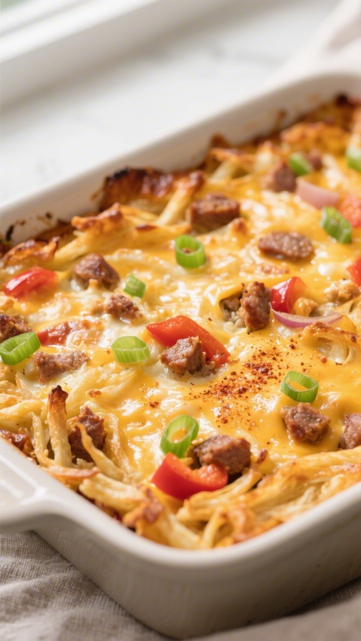 Close-up detail: Golden, bubbling breakfast casserole just out of the oven, edges of shredded hashbr