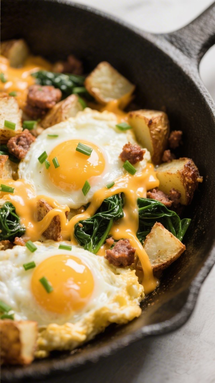 Close-up detail — melty cheese and soft eggs: Tight macro of the finished breakfast hash in-skille