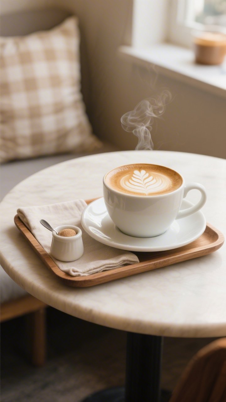 Close-up detail: Steaming mug of latte with velvety microfoam and a delicate leaf latte art, set on
