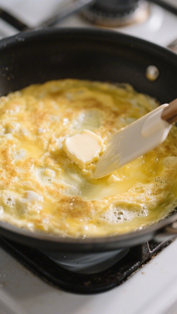 Close-up process shot: Softly set omelette in an 8–10 inch nonstick skillet mid-cook, showing gent