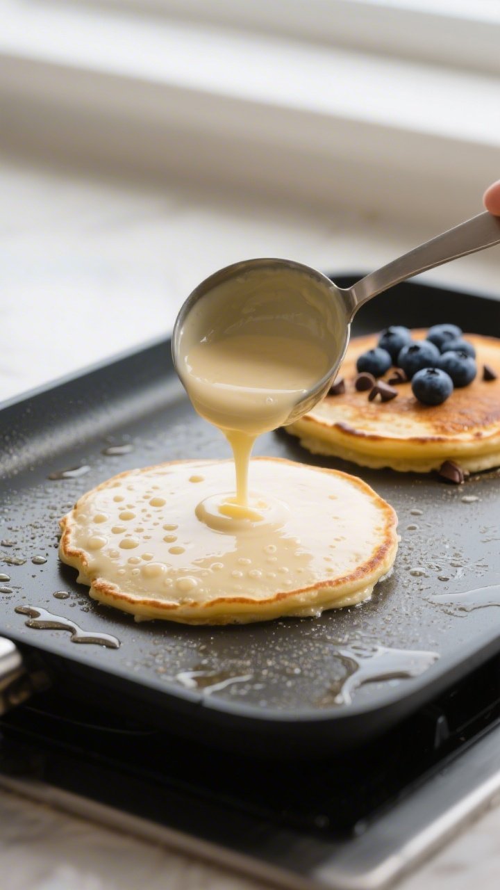 Cooking process close-up: A quarter-cup scoop of pancake batter just poured onto a preheated nonstic
