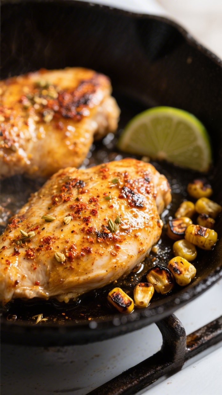 Cooking process, close-up: Chili-lime marinated chicken sizzling in a cast-iron skillet, golden-brow