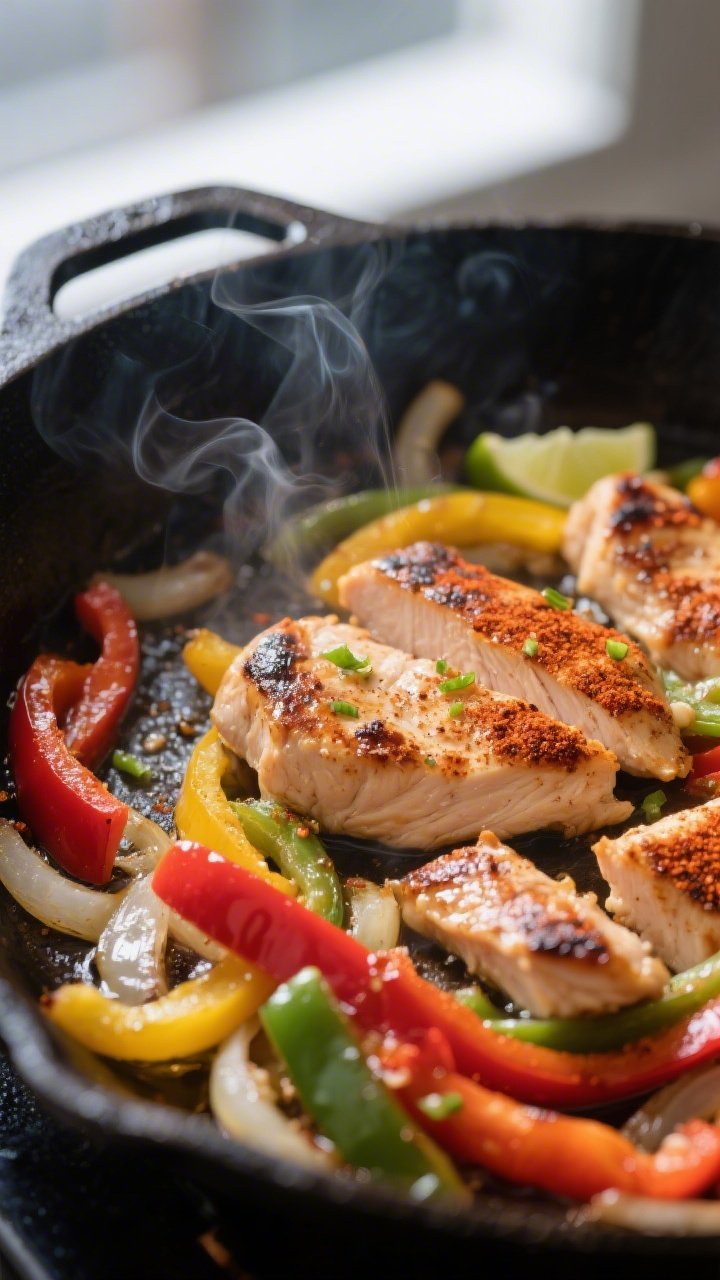 Cooking process, close-up detail: Sizzling chicken fajita strips searing in a very hot cast-iron ski