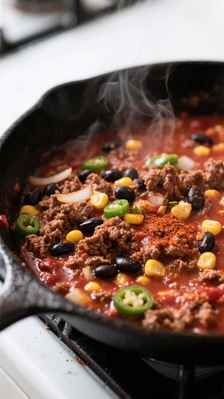 Cooking process close-up: In-skillet enchilada filling simmering — browned ground beef mixed with 