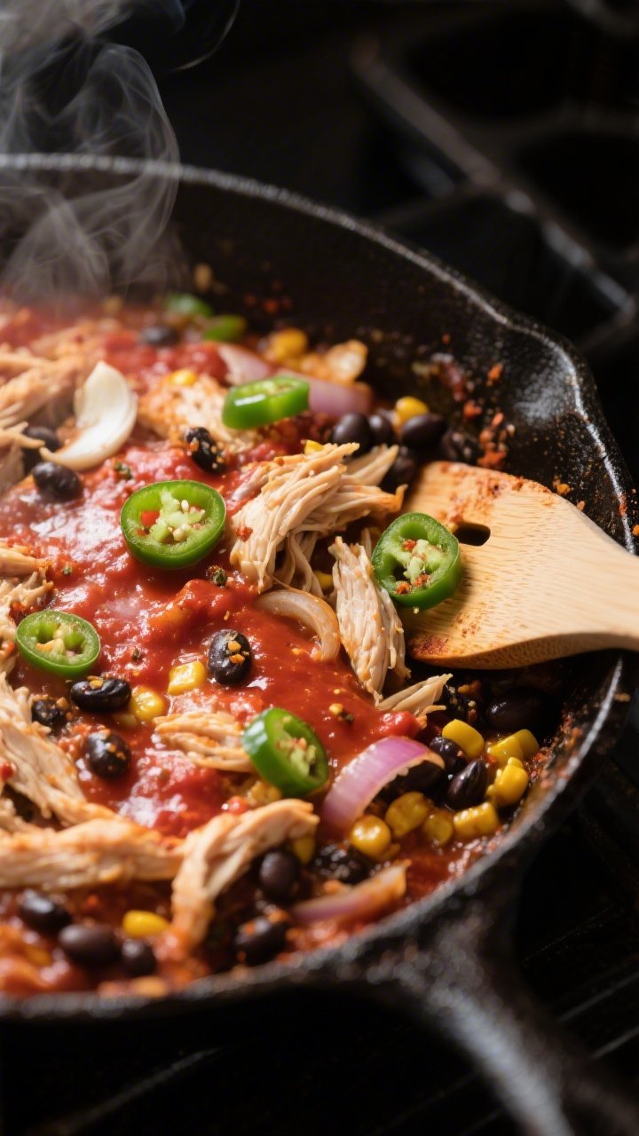 Cooking process – Close-up of a cast-iron skillet with the enchilada casserole filling just finish