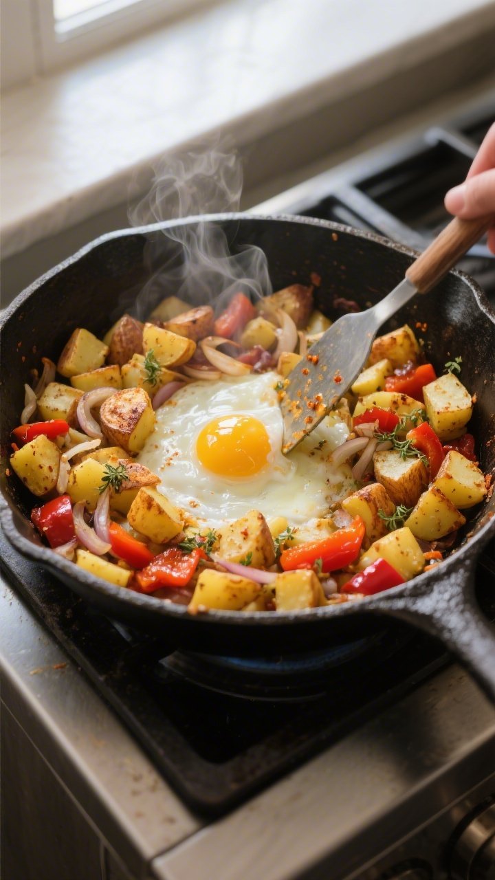 Cooking process — golden potato hash in a cast-iron skillet: Overhead shot of diced Yukon gold pot