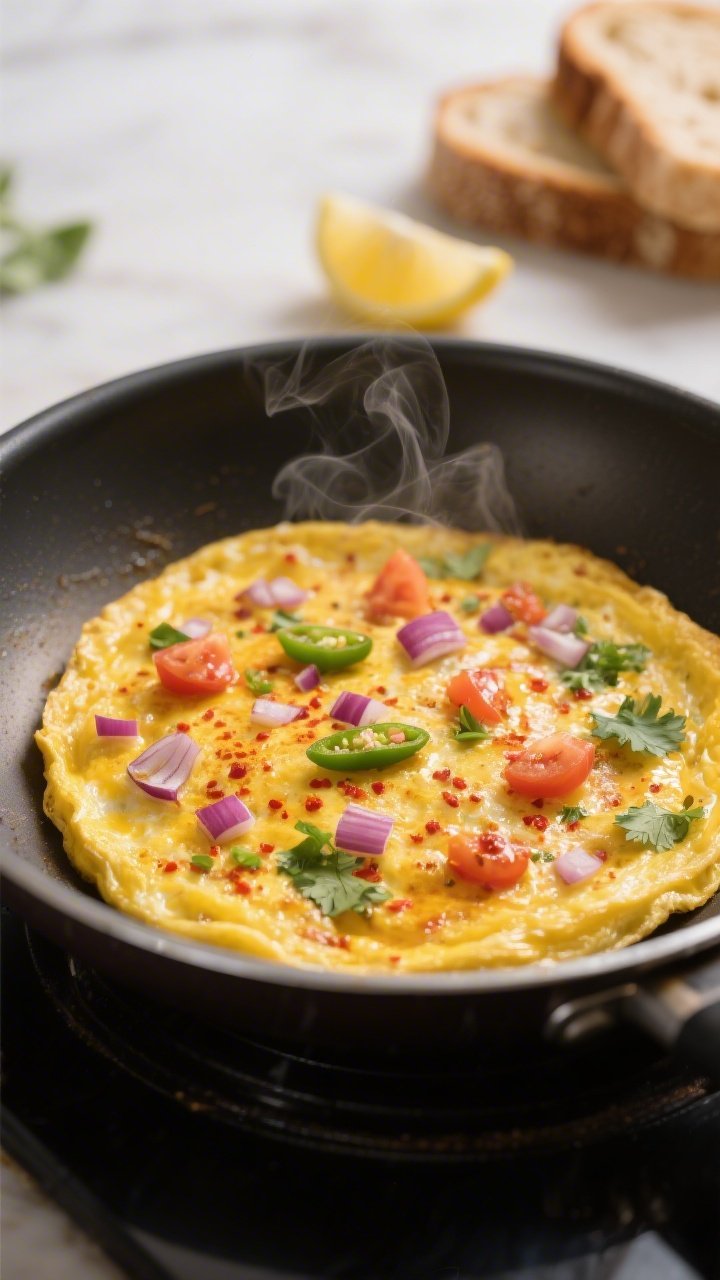 Cooking process — Masala Omelet: Close-up of a just-set masala omelet in a nonstick pan over mediu