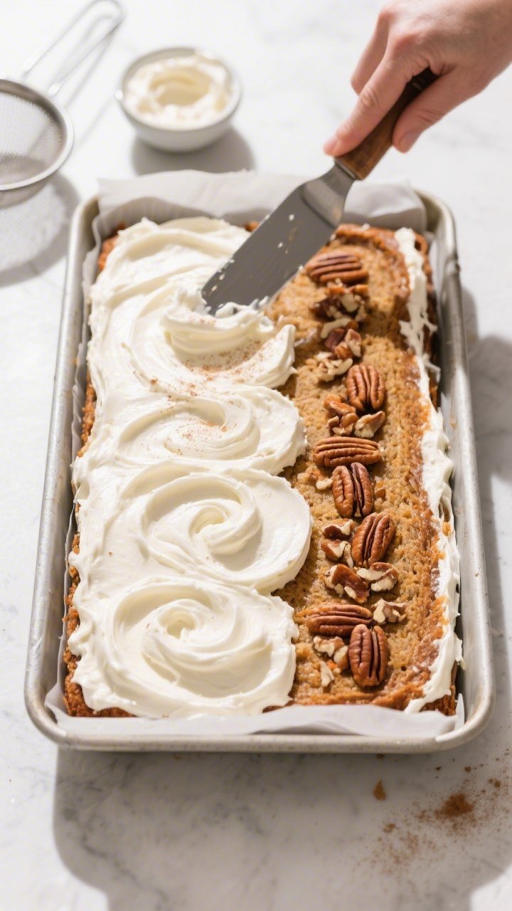 Cooking process: Overhead shot of a 9x13 carrot cake being generously swirled with silky cream chees