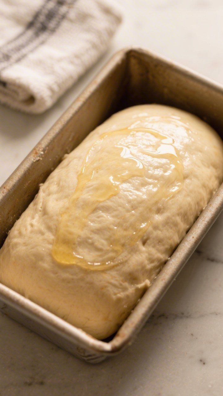 Cooking process: Overhead shot of a perfectly proofed, shaped loaf in a greased 8½x4½-inch pan, do
