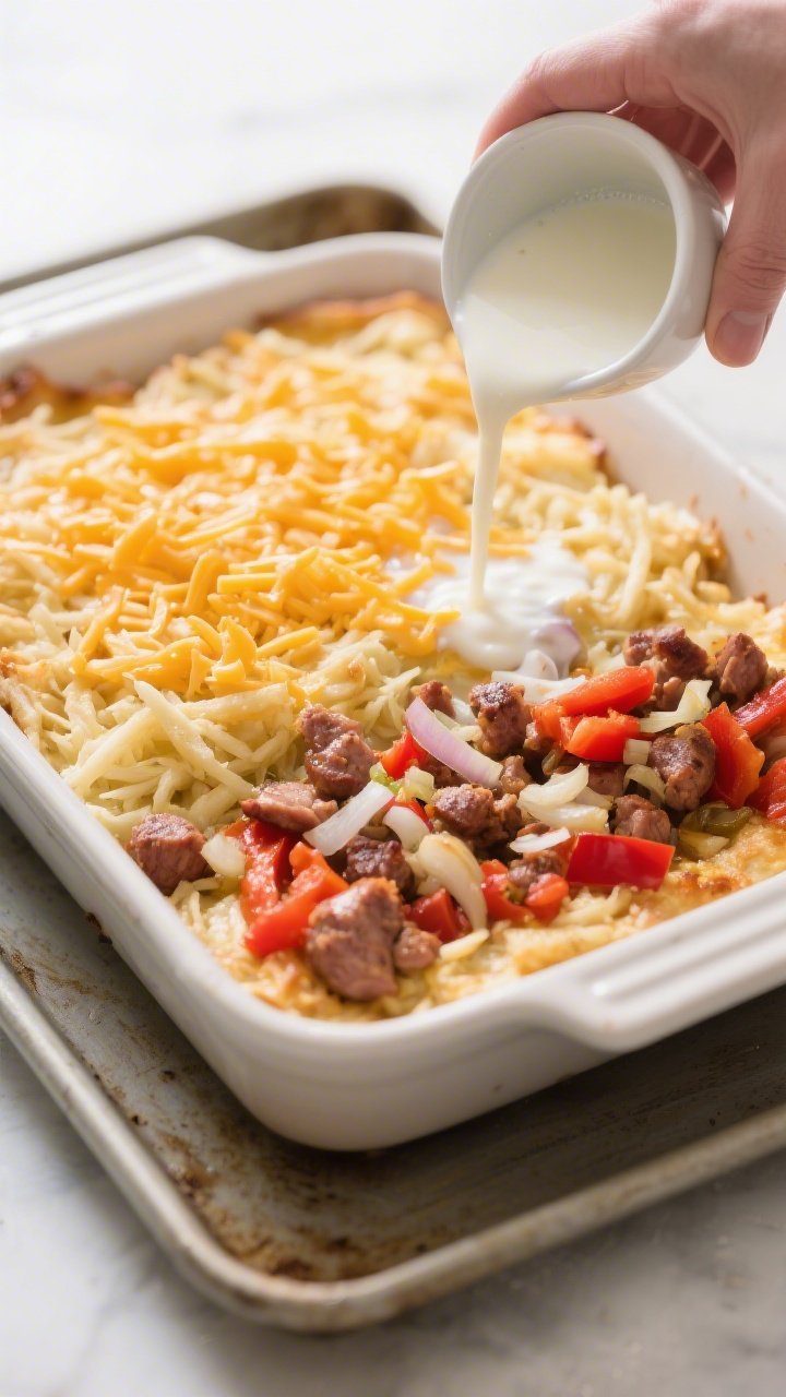 Cooking process: Overhead shot of the assembled casserole before baking, showing an even layer of th