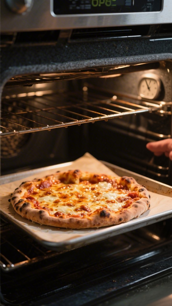 Cooking process: Pizza mid-bake on an upside-down sheet pan lined with parchment, captured through t