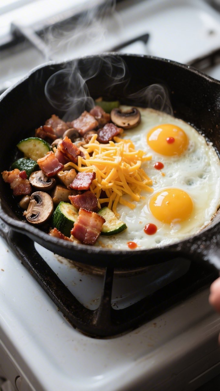 Cooking process shot: Keto breakfast bowl in the skillet — diced bacon rendered until crisp with g