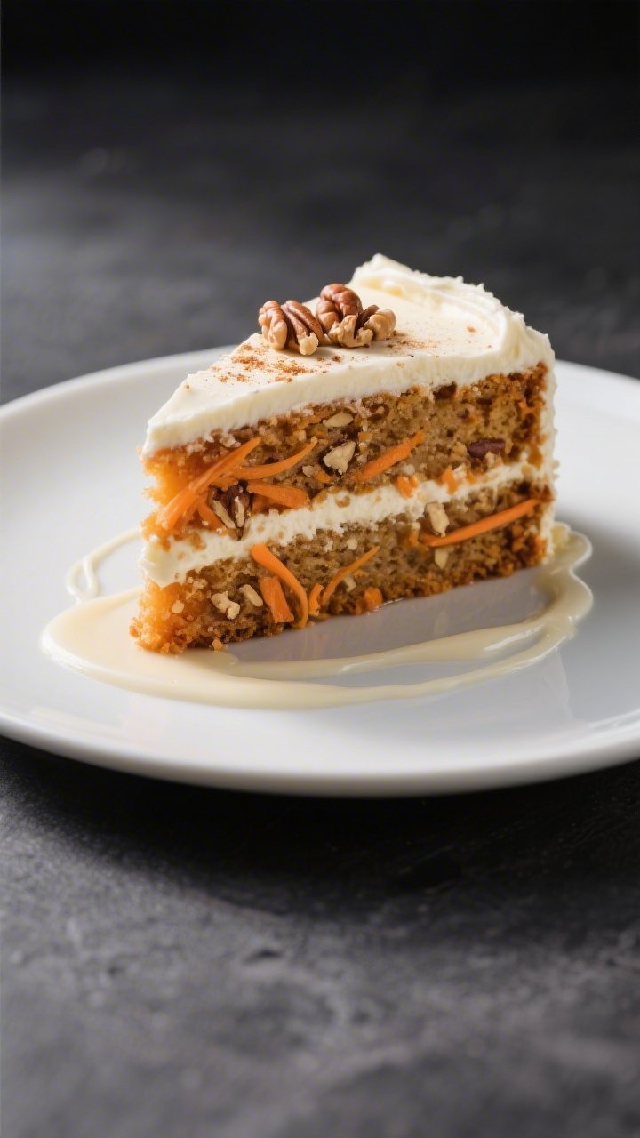 Final dish presentation: Restaurant-quality slice of carrot cake on a matte white dessert plate, thr