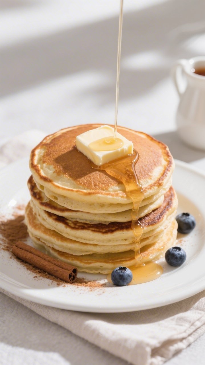 Final dish, stacked presentation: Tall stack of fluffy, golden-brown pancakes with lightly crisp edg