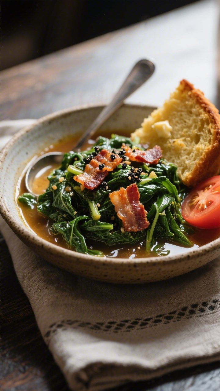 Final plated bowl shot: A rustic ceramic bowl filled with tender Southern collard greens and generou