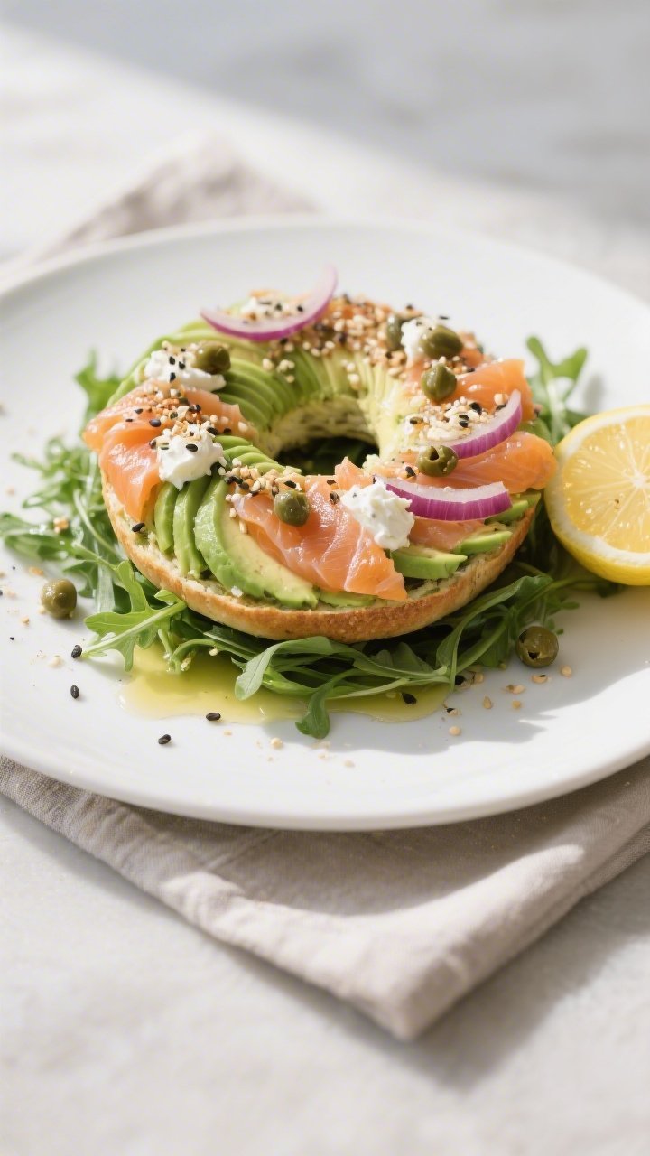Final plated dish: Avocado “bagel” plate — fanned avocado slices layered with silky smoked sal