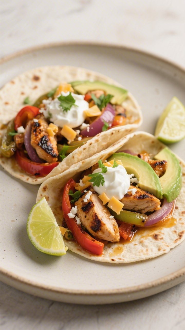 Final plated dish, beauty shot: Two assembled chicken fajitas on a neutral ceramic plate—tortillas