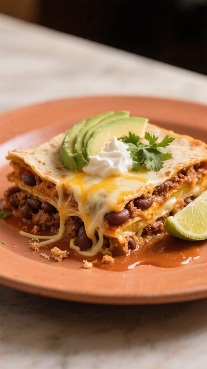 Final plated dish close-up: A generous square of enchilada casserole plated on a warm-toned ceramic 