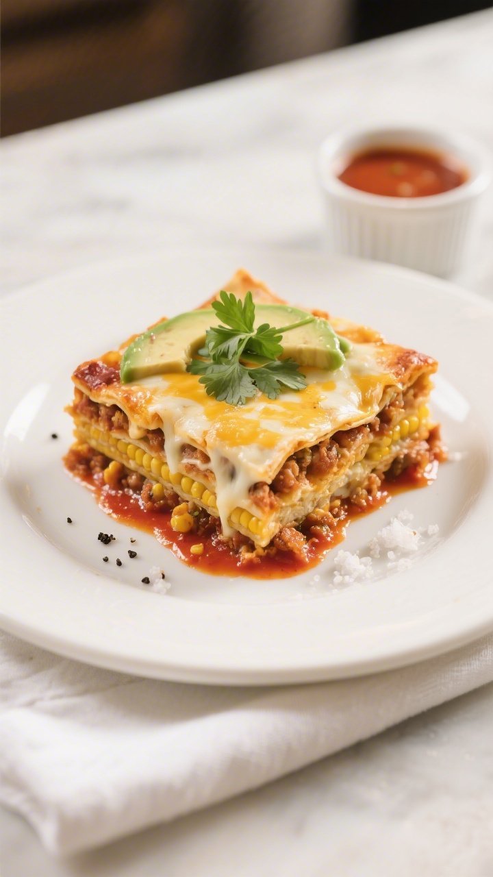 Final plated dish – Restaurant-quality presentation of a clean square slice of enchilada casserole