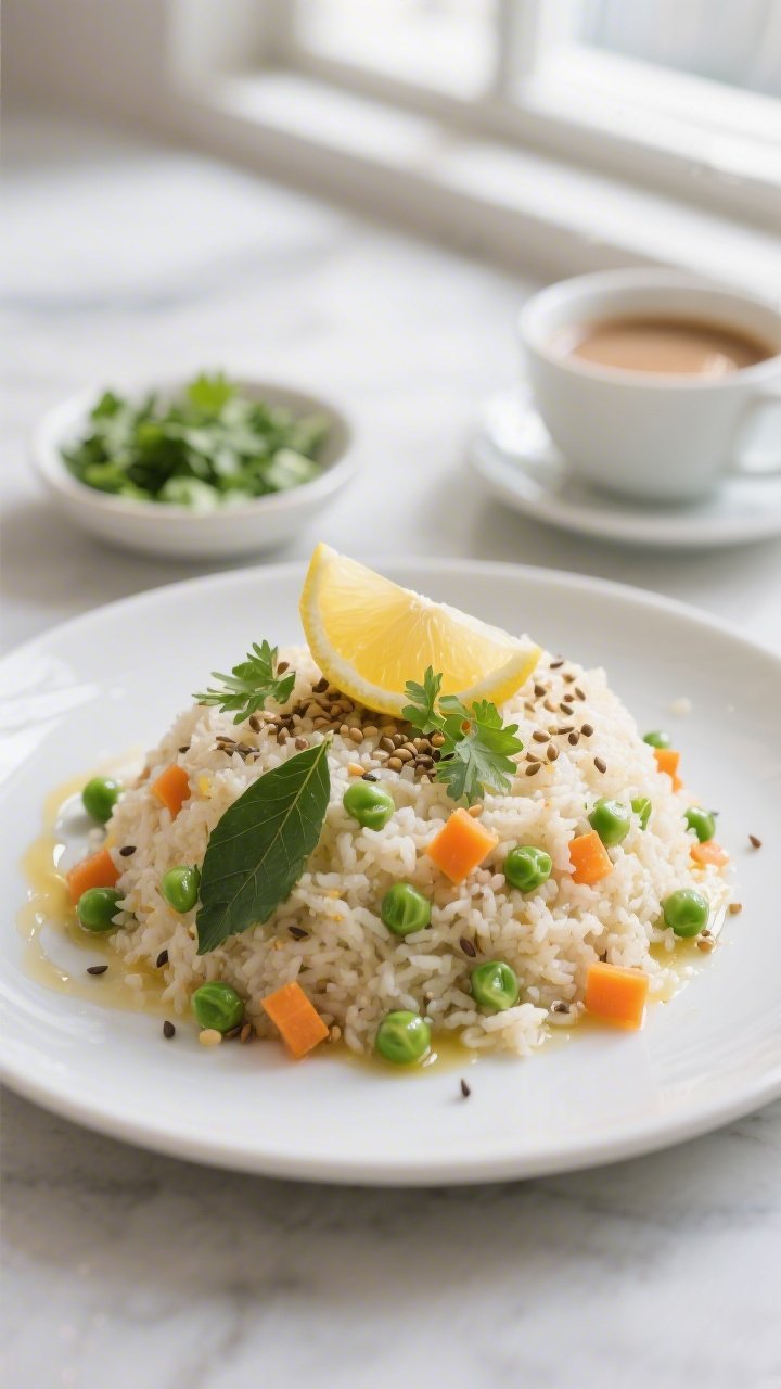 Final plated dish — Upma: Beautifully plated upma mounded on a matte white plate, soft and fluffy 