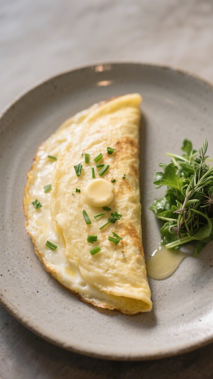 Final plated elegance: Classic French fines herbes omelette, pale and tender with no browning, perfe