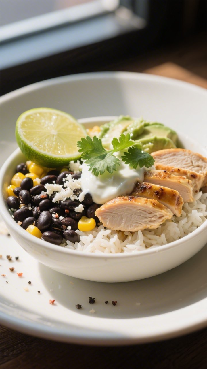 Final plated hero, close-up detail: Restaurant-quality plated chicken burrito bowl with precise topp