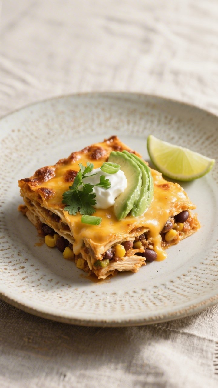 Final plated presentation: Restaurant-quality plate with one generous square of cheesy enchilada cas