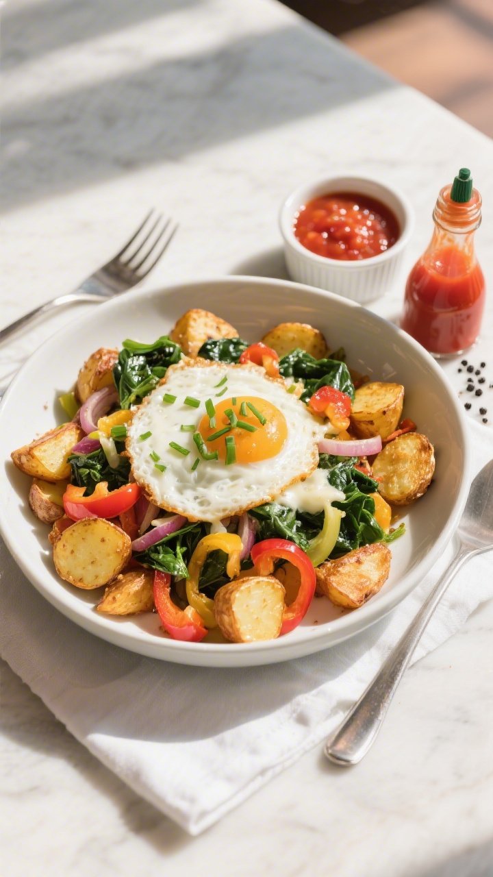 Final plated, top view: Overhead restaurant-quality presentation of a generous serving of the breakf