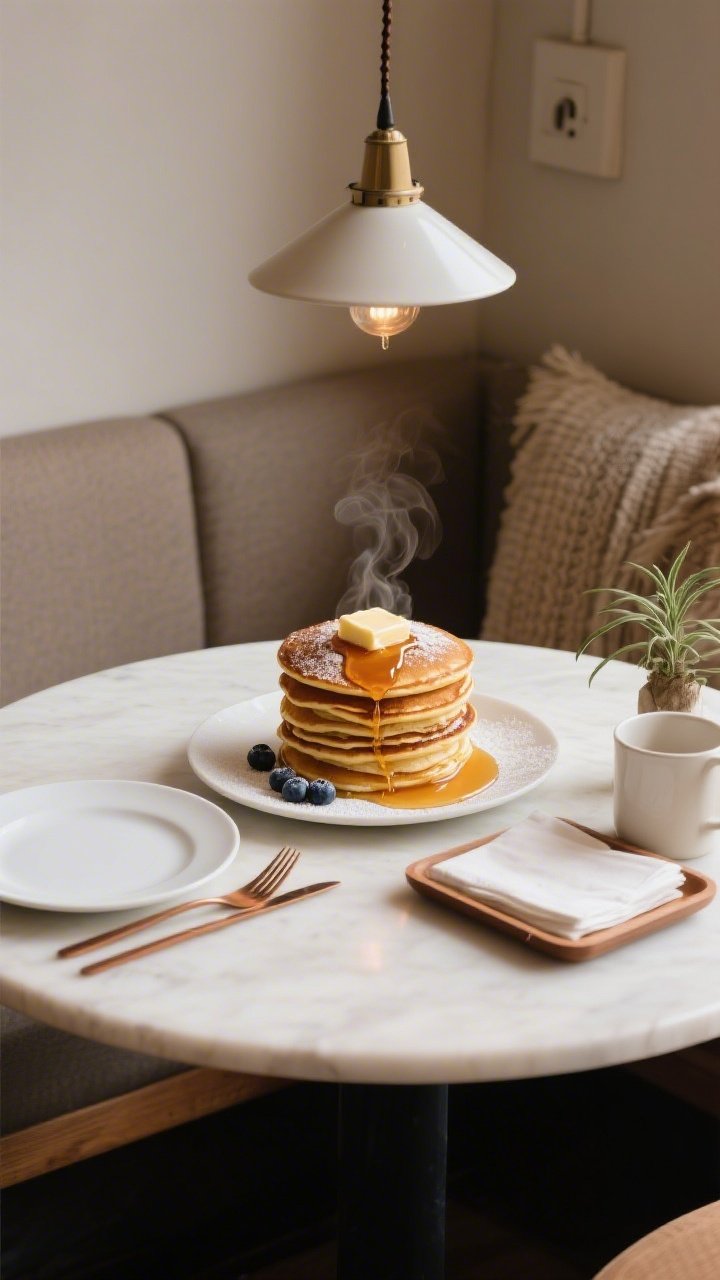 Final presentation scene: A petite round table set for two with golden pancakes stacked high, pat of