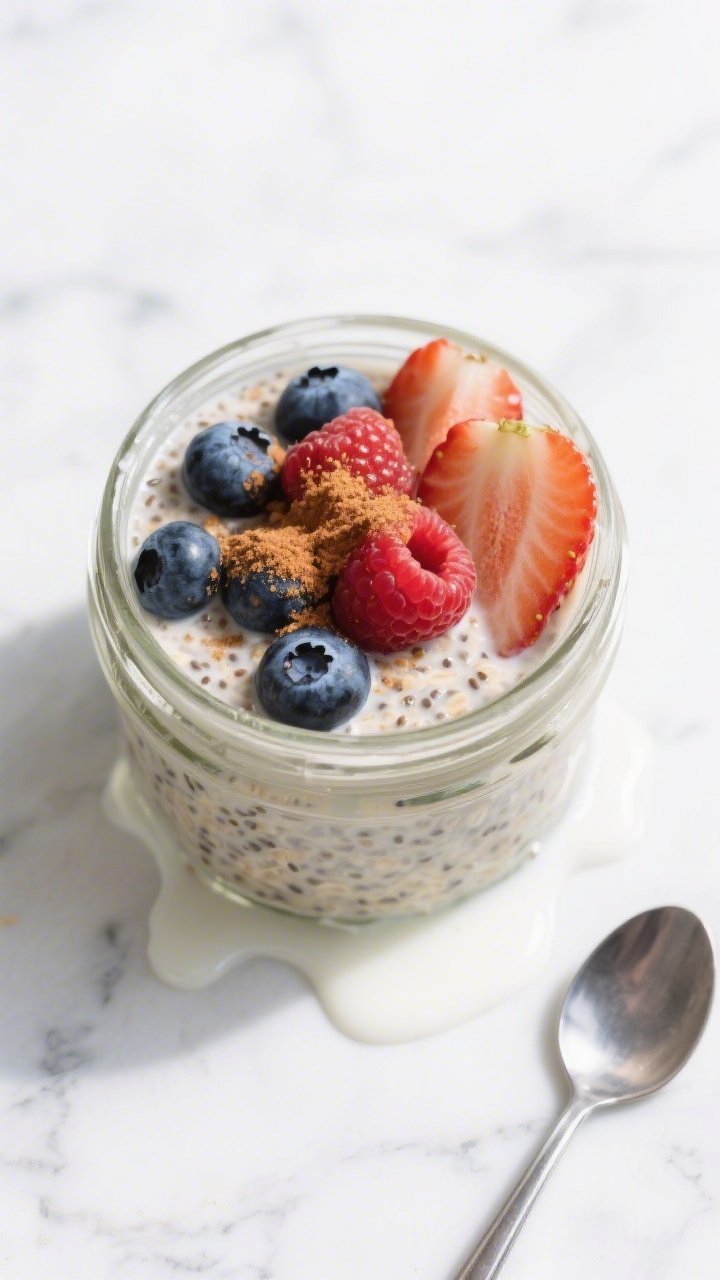 Overhead shot of a finished jar of Overnight Protein Oats just stirred, creamy and thick with visibl