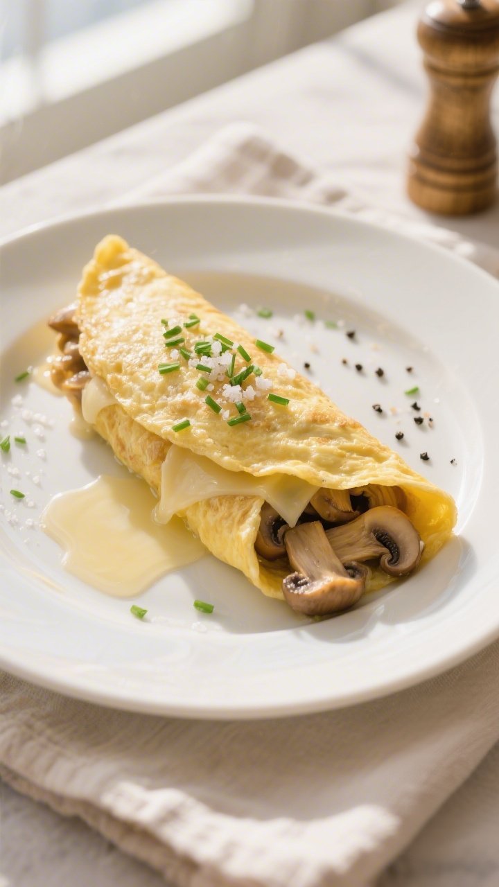 Overhead “tasty top view”: Hotel-style omelette just folded and slid onto a warm white plate, se
