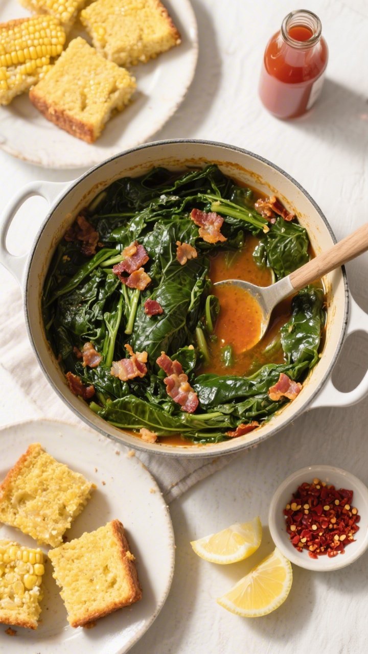 Overhead top-view spread: Tasty top-down shot of a family-style serving—large pot of finished coll