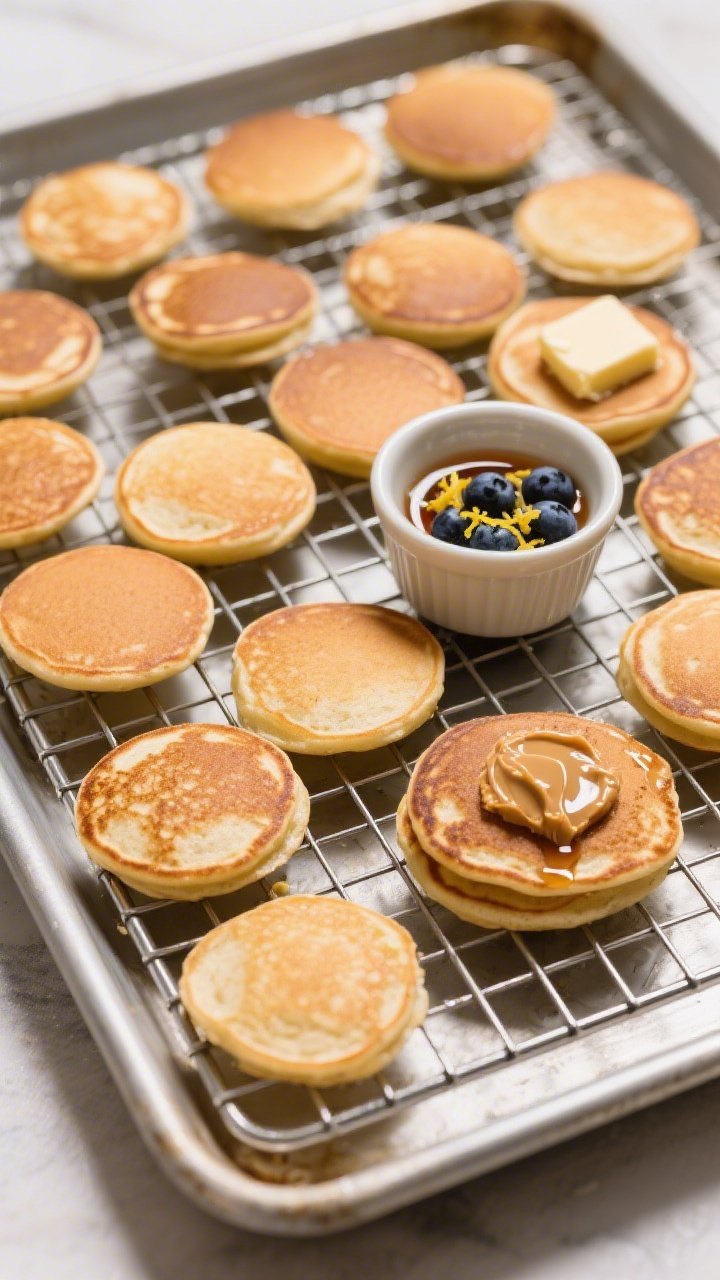 Tasty top-down breakfast scene: Overhead shot of multiple small “silver dollar” pancakes arrange