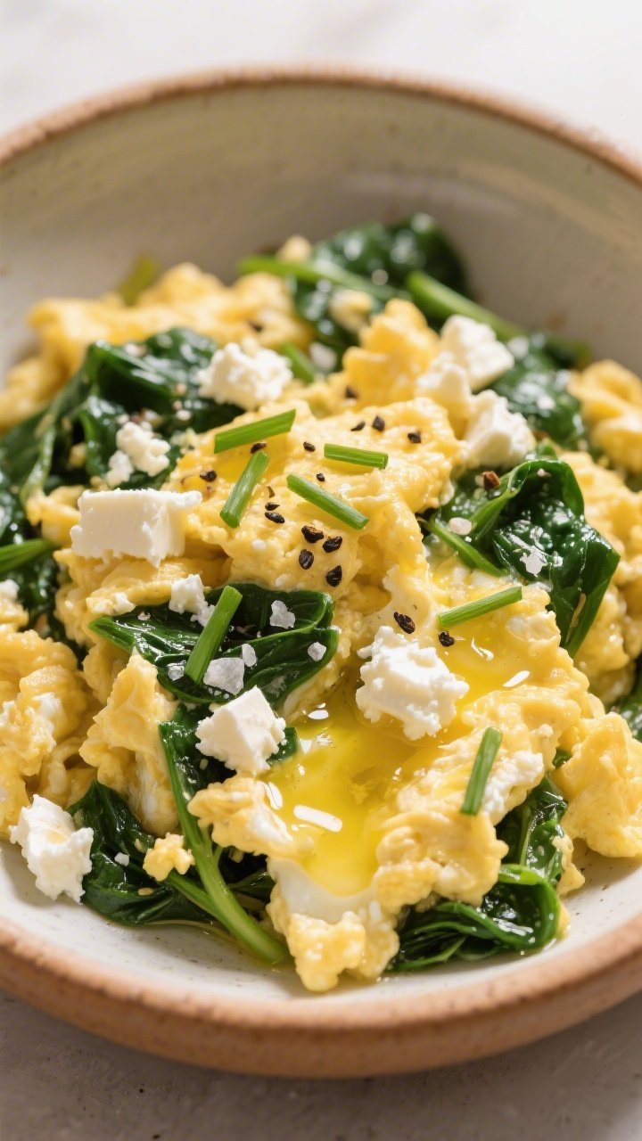 Tasty top view close-up: 5-minute egg-and-greens scramble — soft, custardy scrambled eggs folded w