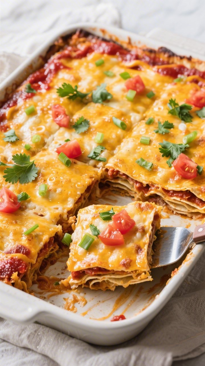 Tasty top view (overhead, in-pan): Overhead shot of the just-baked enchilada casserole in a 9x13 dis