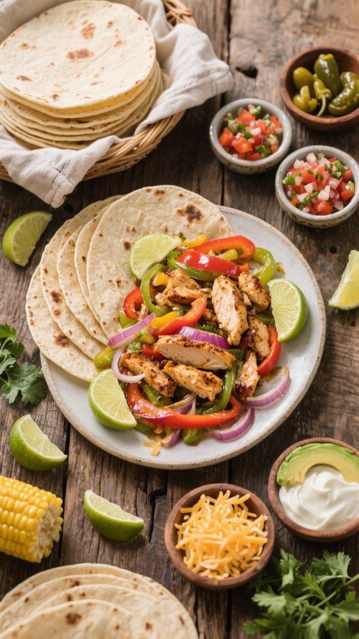 Tasty top view, overhead: Overhead shot of a DIY chicken fajita spread on a rustic wooden table—wa