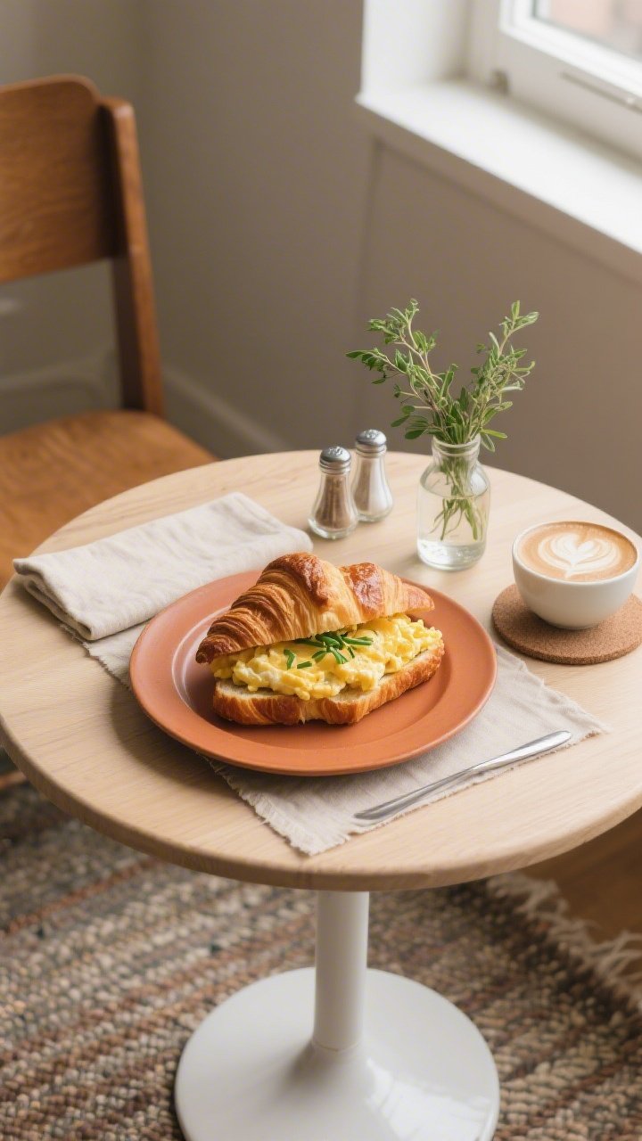 Tasty top view: Overhead shot of a beautifully plated warm croissant sandwich (buttery, flaky layers