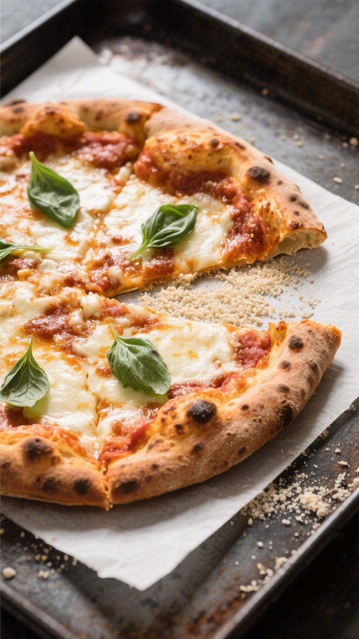 Tasty top view: Overhead shot of a finished 12–14 inch pizza on parchment atop a preheated baking 