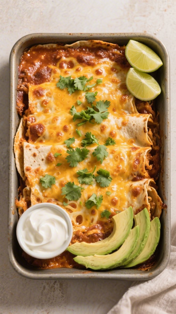 Tasty top view – Overhead shot of the freshly baked enchilada casserole in a 9x13 pan, cheese laye