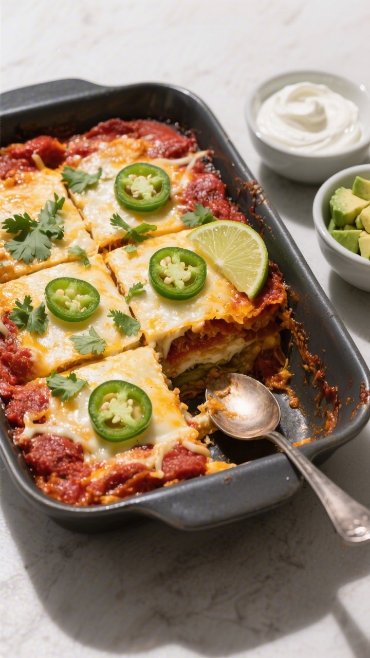 Tasty top view: Overhead shot of the rested casserole sliced into neat squares in the baking dish, t