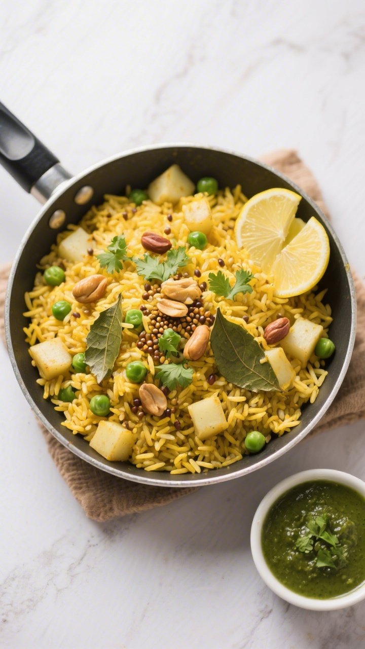 Tasty top view — Poha: Overhead shot of vibrant poha in a wide, shallow skillet, fluffy flattened 