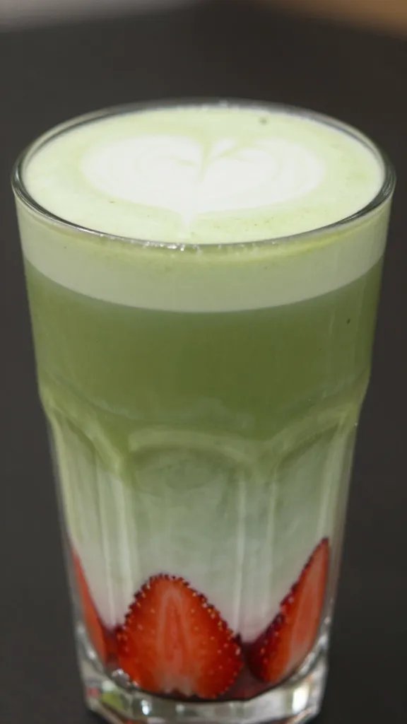 Close-up of a strawberry matcha latte glass with visible layers