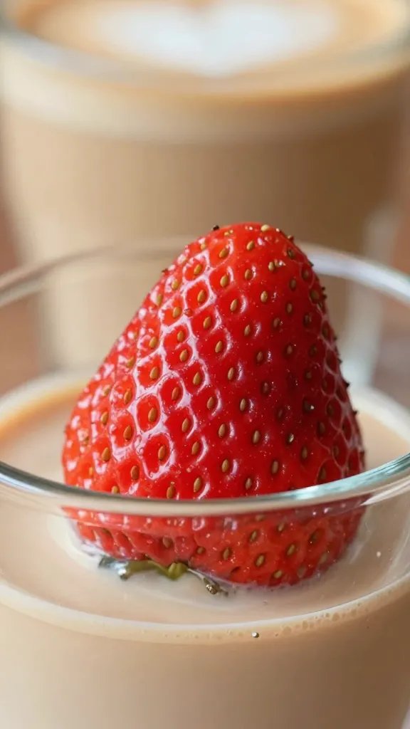 Close-up of a single fresh strawberry on glass rim with latte backdrop