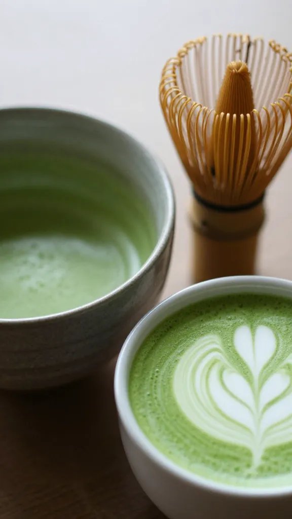 Close-up of ceremonial matcha bowl and whisk resting beside a poured latte