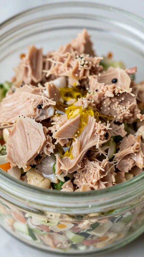 closeup of tuna salad in glass jar with olive oil sheen